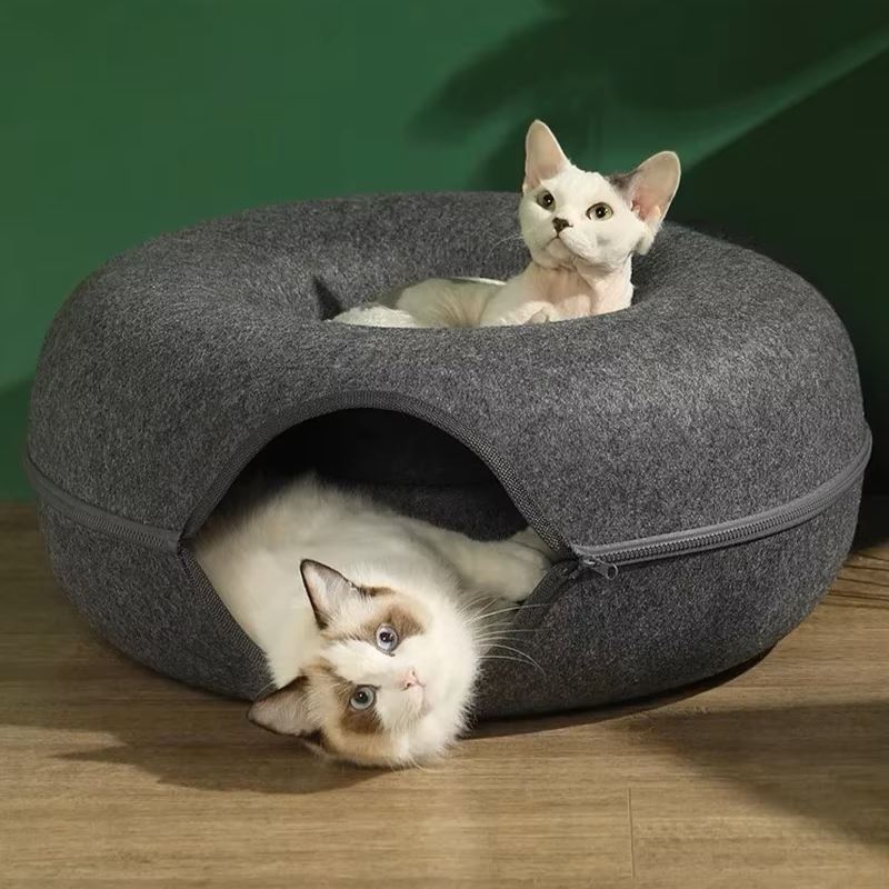lit pour chat tunnel gris deux chat blanc