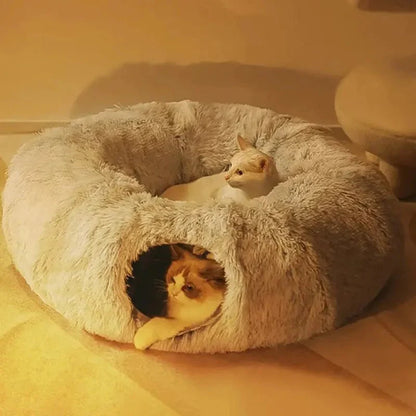 lit pour chat tunnel gris deux chats nuit