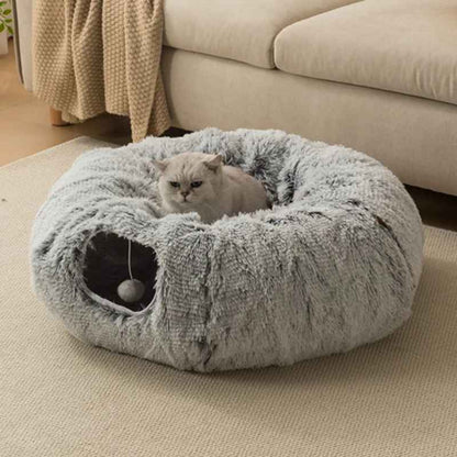 lit pour chat tunnel gris pensif