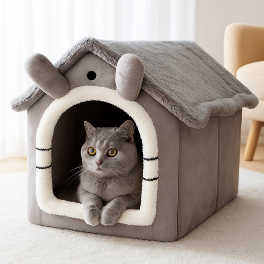 maison chat grise avec chat gris 