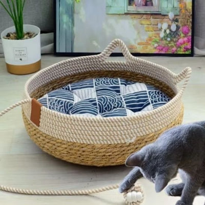  panier chat coussin blanc bleu chat balle