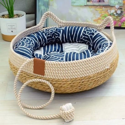 panier chat coussin blanc bleu